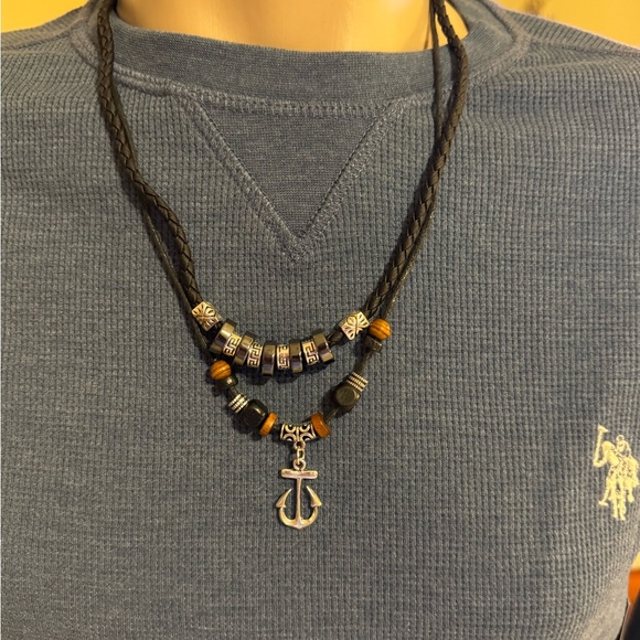 153-PCT New Double Layer Leather  Achor Bohemian Wooden Bead  Adjustable Choker - Picture 2 of 6